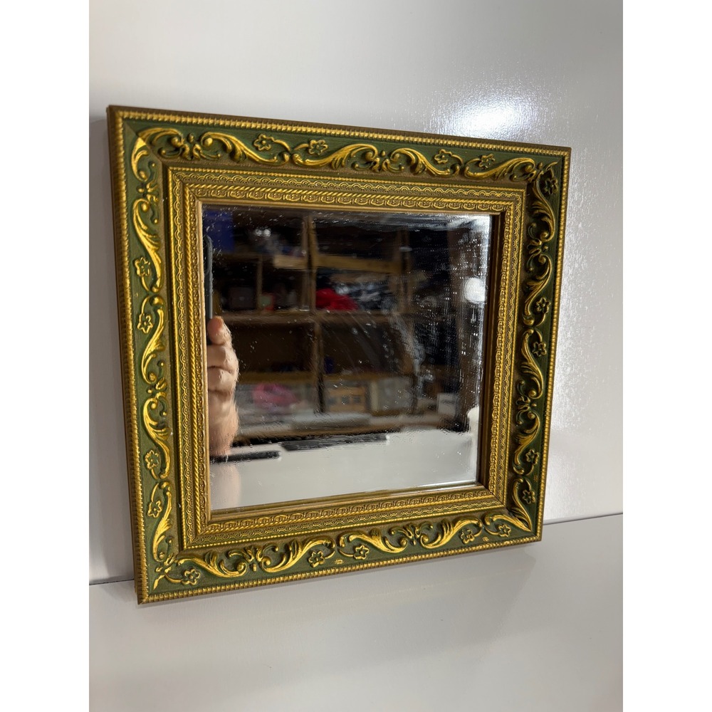 Vintage Ornate Gold and Green Square Wall Mirror Baroque Floral Scroll Frame